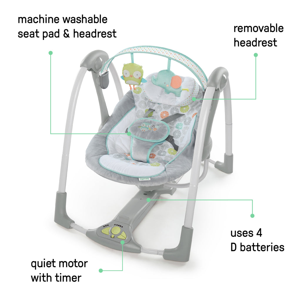 Ingenuity Swing 'n Go Portable 5-Speed Baby Swing with Nature Sounds - Hugs & Hoots