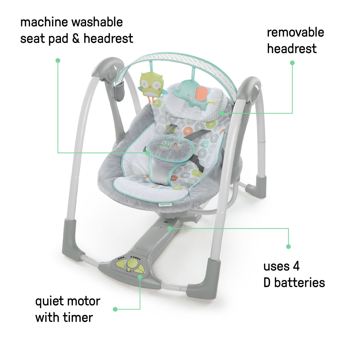 Ingenuity Swing 'n Go Portable 5-Speed Baby Swing with Nature Sounds - Hugs & Hoots