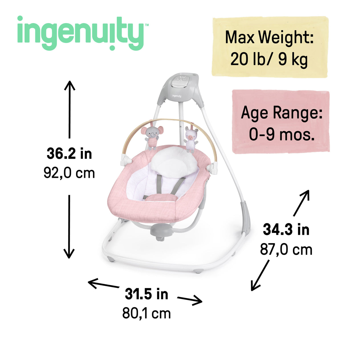 Ingenuity SimpleComfort Compact Soothing Swing, Rotating Toy Bar, Rotating Seat, 6 Speeds, For Ages 0-9 Months, Up to 20 Pounds - Chambray