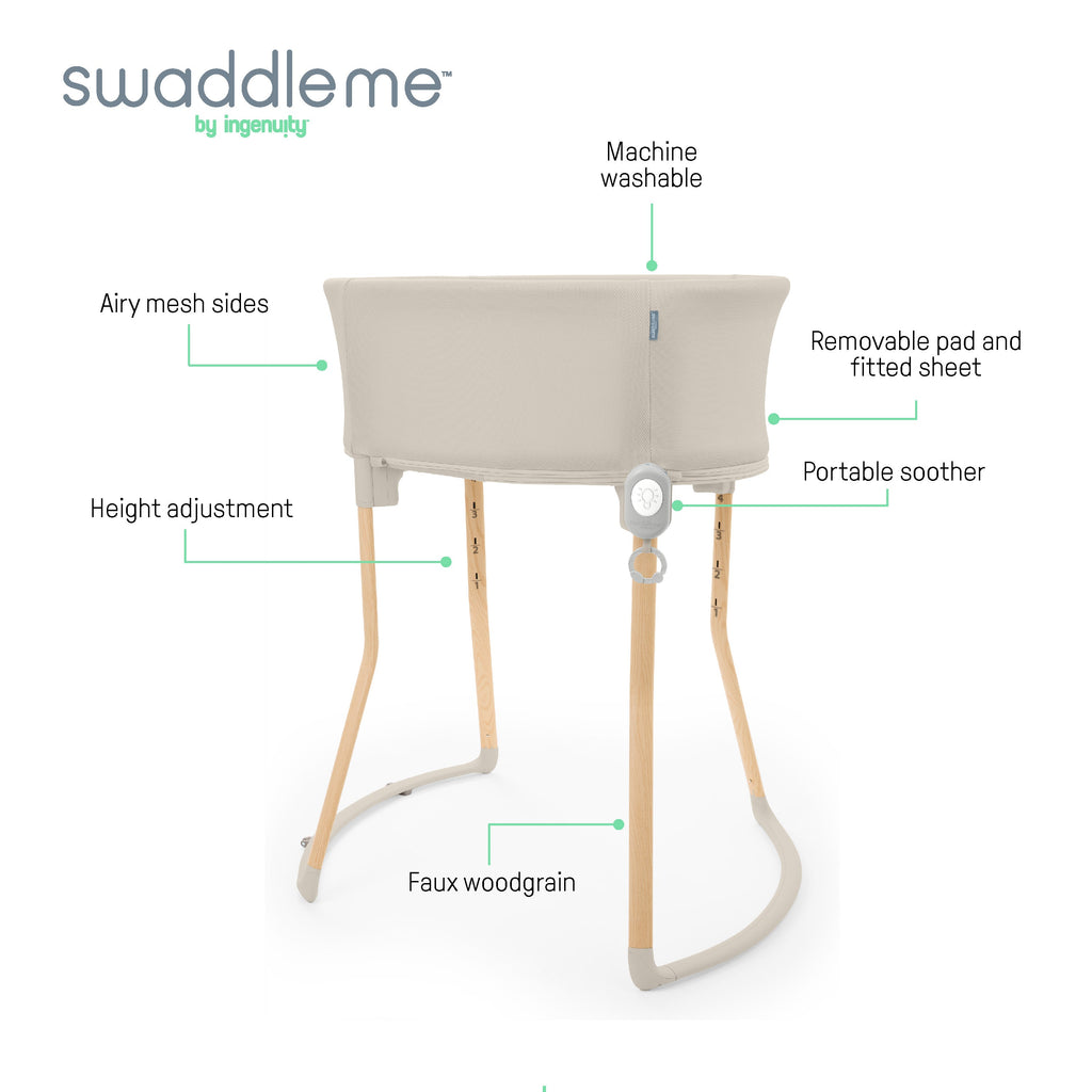 Ingenuity Right Height Adjustable Bassinet for Postpartum Recovery  4 Height Levels, Soothing Vibration, Light & Sound - Sand