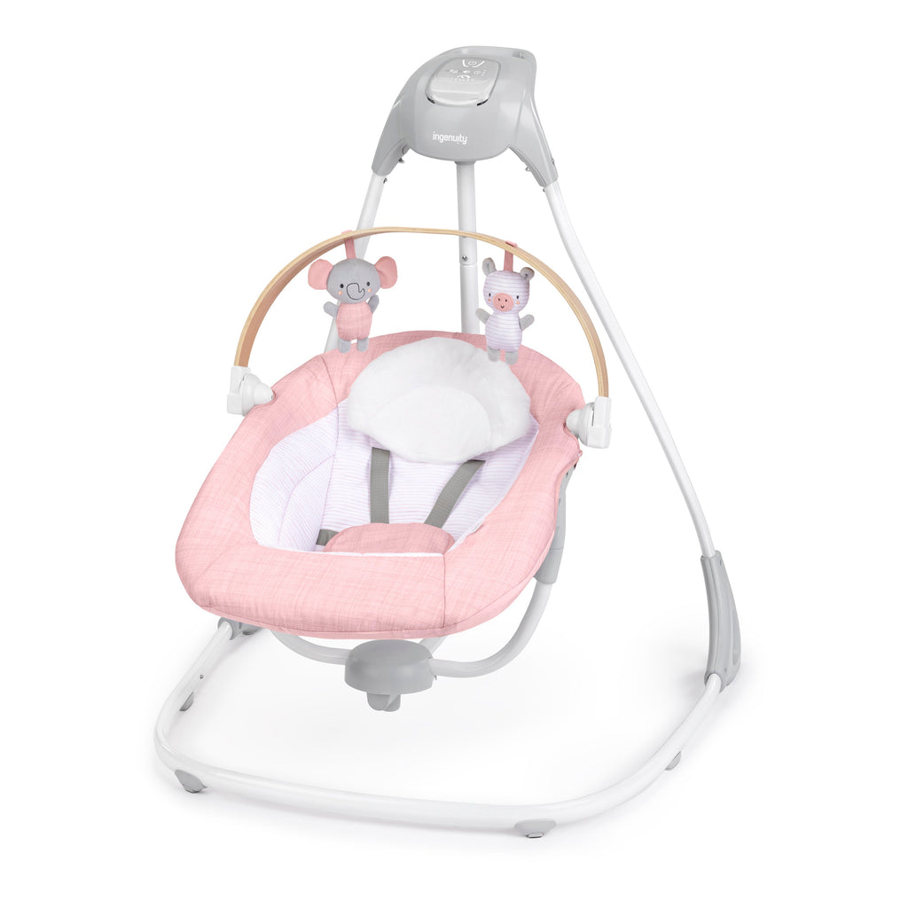 Ingenuity SimpleComfort Compact Soothing Swing, Rotating Toy Bar, Rotating Seat, 6 Speeds, For Ages 0-9 Months, Up to 20 Pounds - Chambray