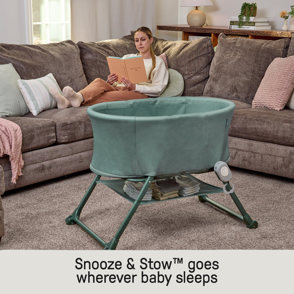 Ingenuity Snooze & Stow Easy-Folding Bassinet with Sound, Light & Vibration - Luxe Evergreen