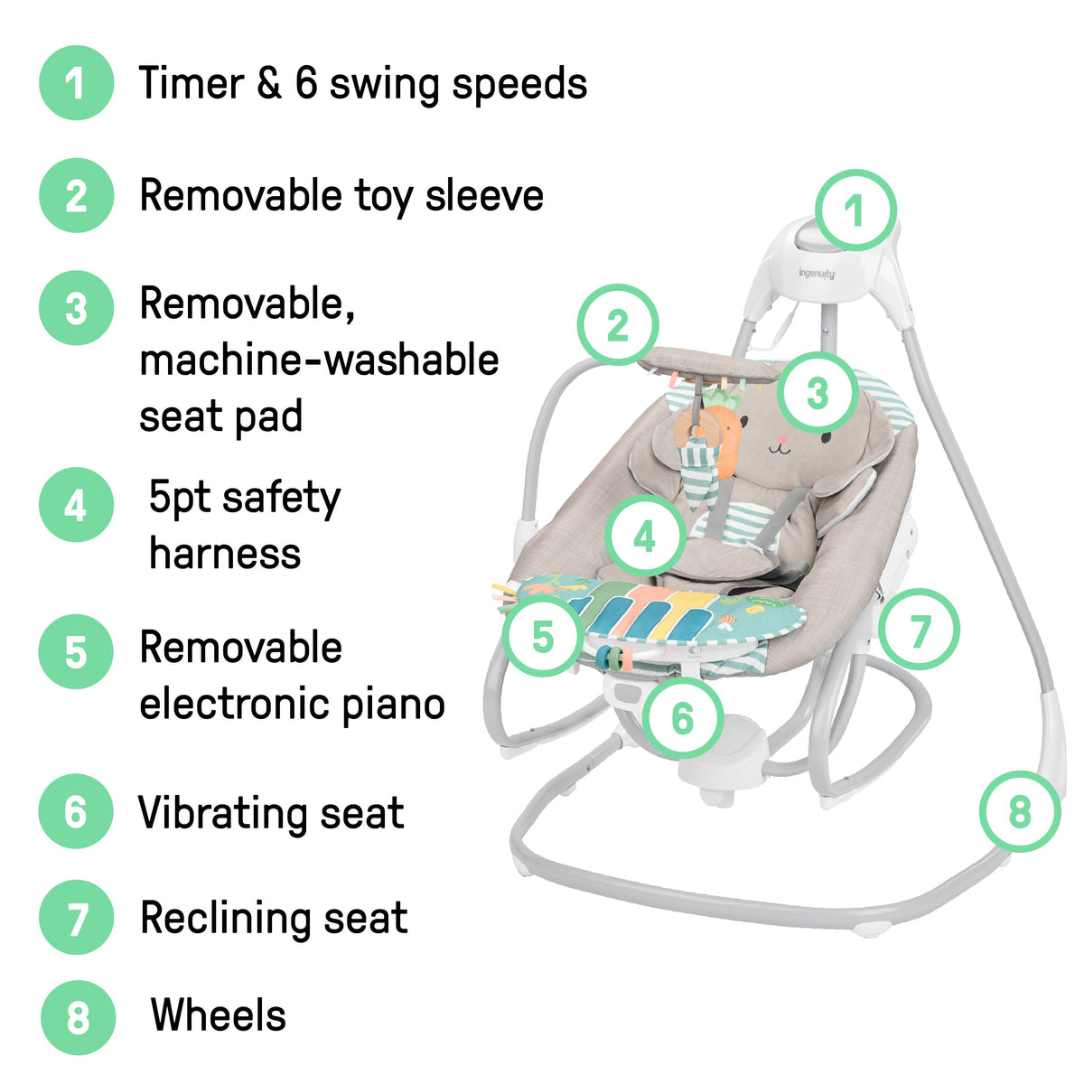 Ingenuity SimpleComfort Piano Playtime 4-in-1 Baby Swing & Rocker