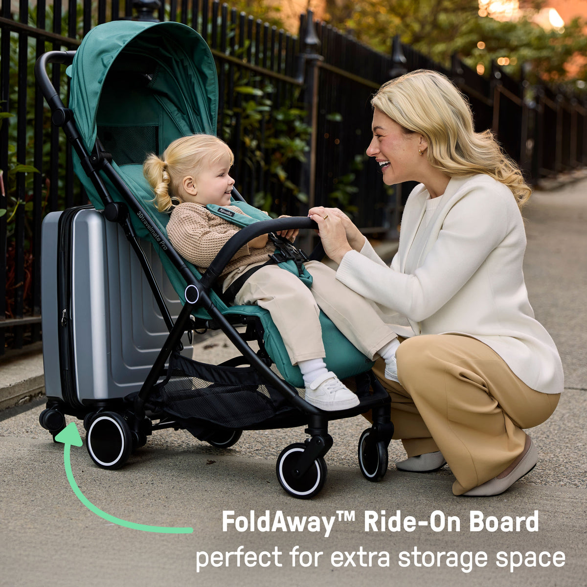 Ingenuity 3D Travelmate Pro Compact Travel Stroller with Ride-On Board, One-Hand Fold, Car Seat Compatible, Protective Canopy
