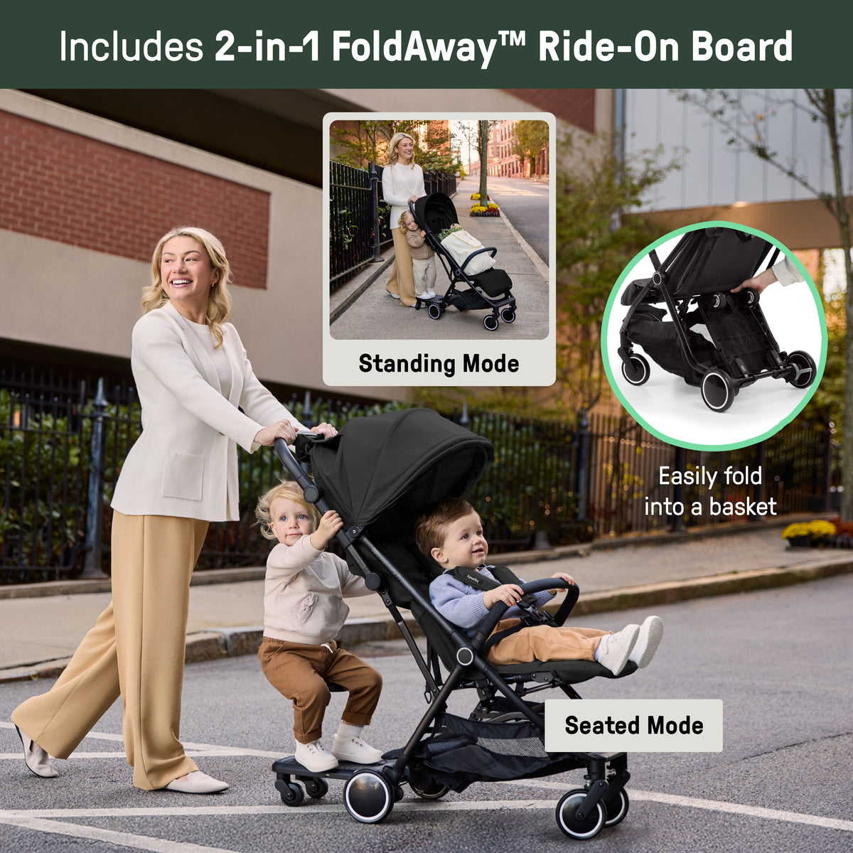 Ingenuity 3D Travelmate Pro Travel Stroller with Fold-Away Ride-On Board, Car Seat Compatible - Black