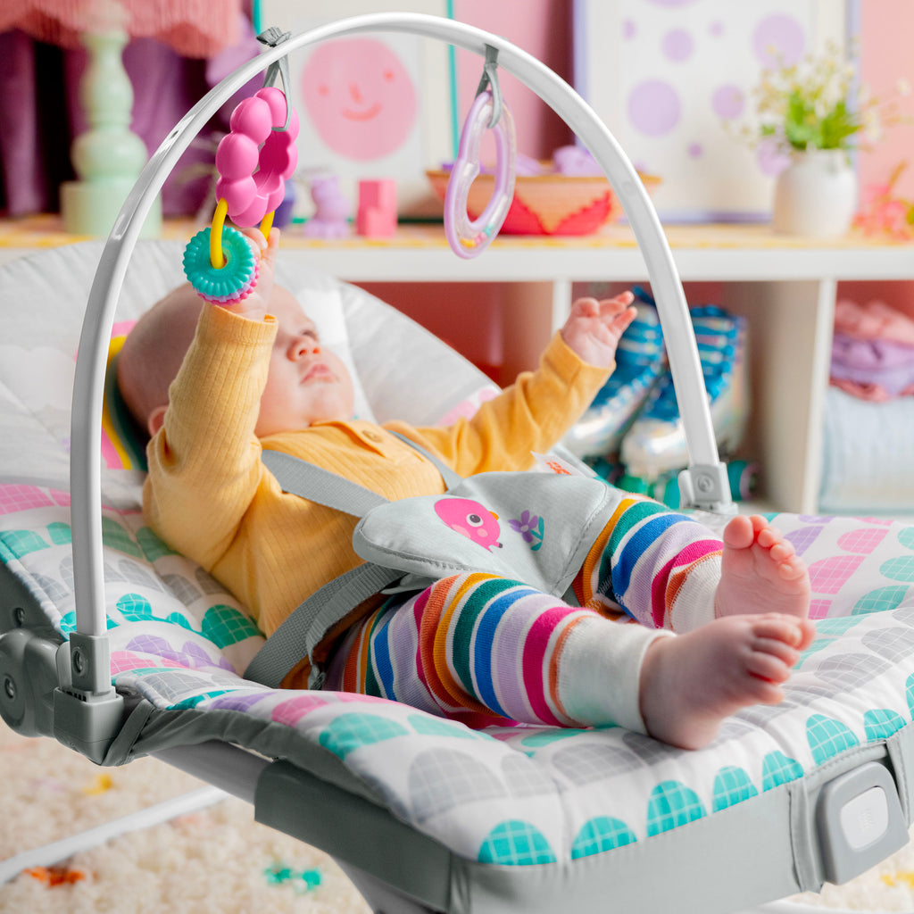 Bright Starts Rosy Rainbow Infant to Toddler Rocker with Vibrations, Baby Seat for Girl or Boy, Newborn +