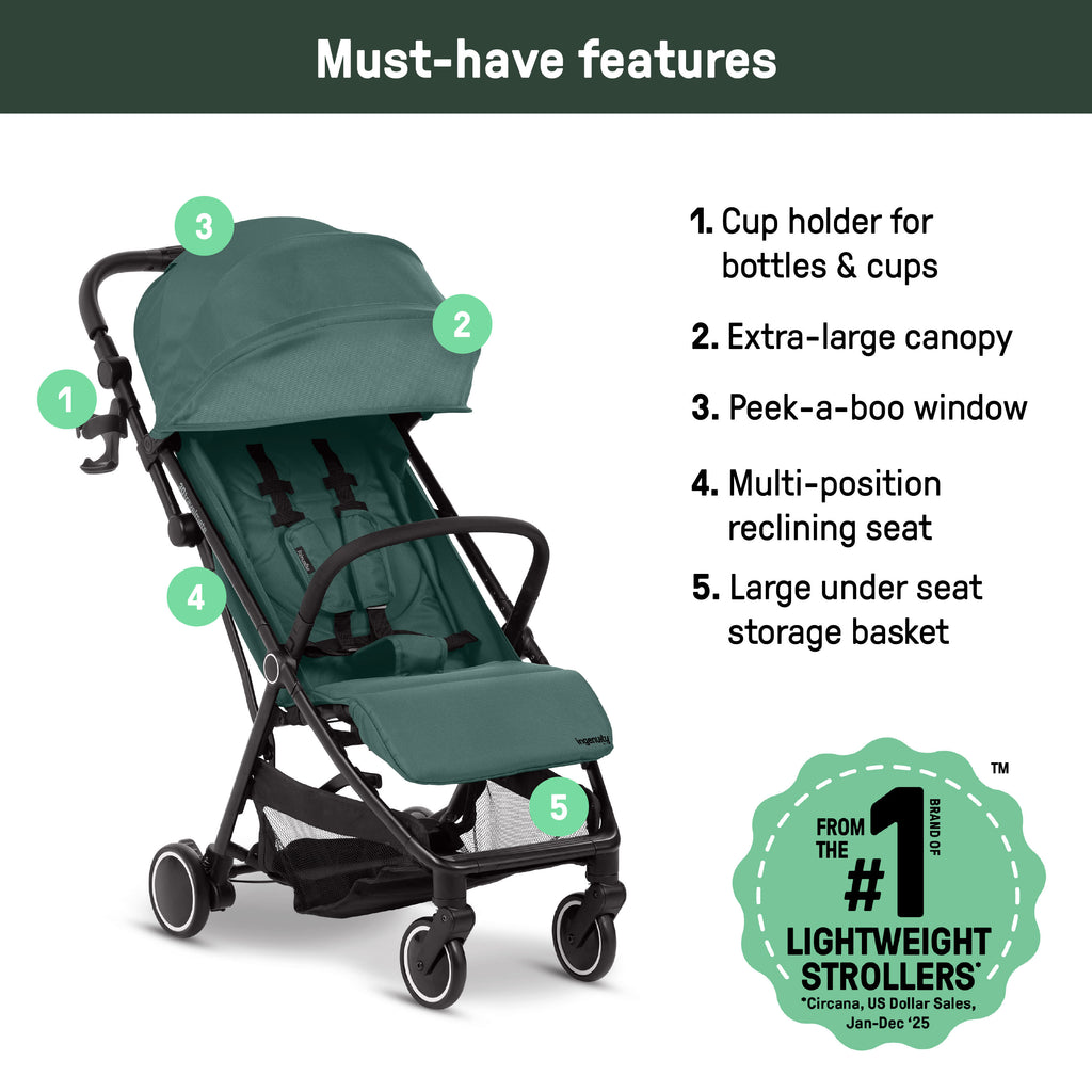 Ingenuity 3D Travelmate Pro Compact Travel Stroller with Ride-On Board, One-Hand Fold, Car Seat Compatible, Protective Canopy