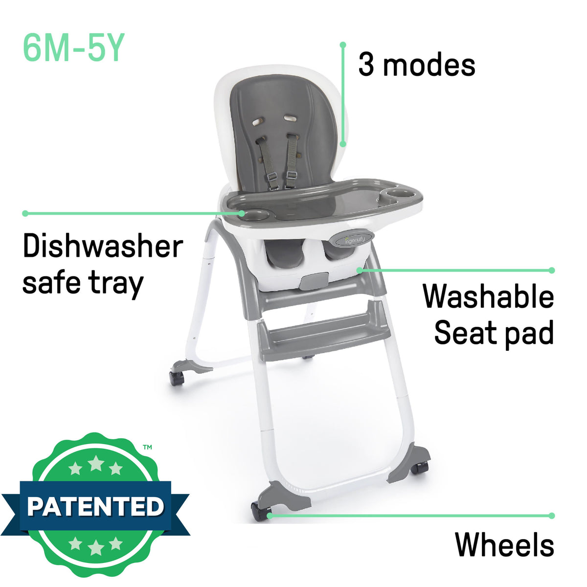 Ingenuity SmartClean Trio Elite 3-in-1 Convertible Baby High Chair, Toddler Chair, and Dining Booster Seat - Slate