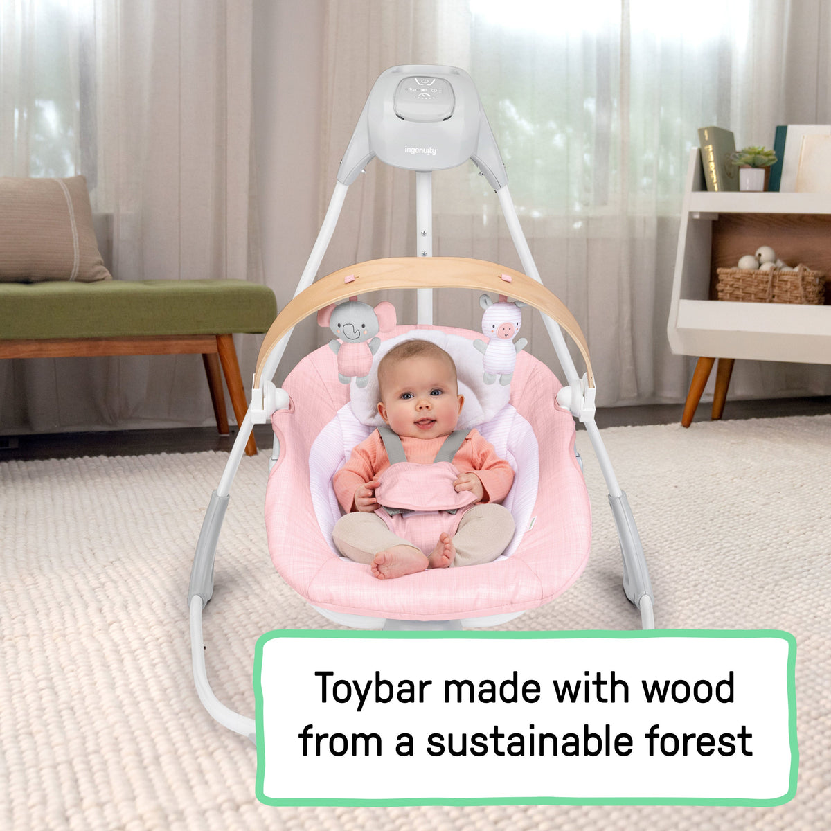 Ingenuity SimpleComfort Compact Soothing Swing, Rotating Toy Bar, Rotating Seat, 6 Speeds, For Ages 0-9 Months, Up to 20 Pounds - Chambray