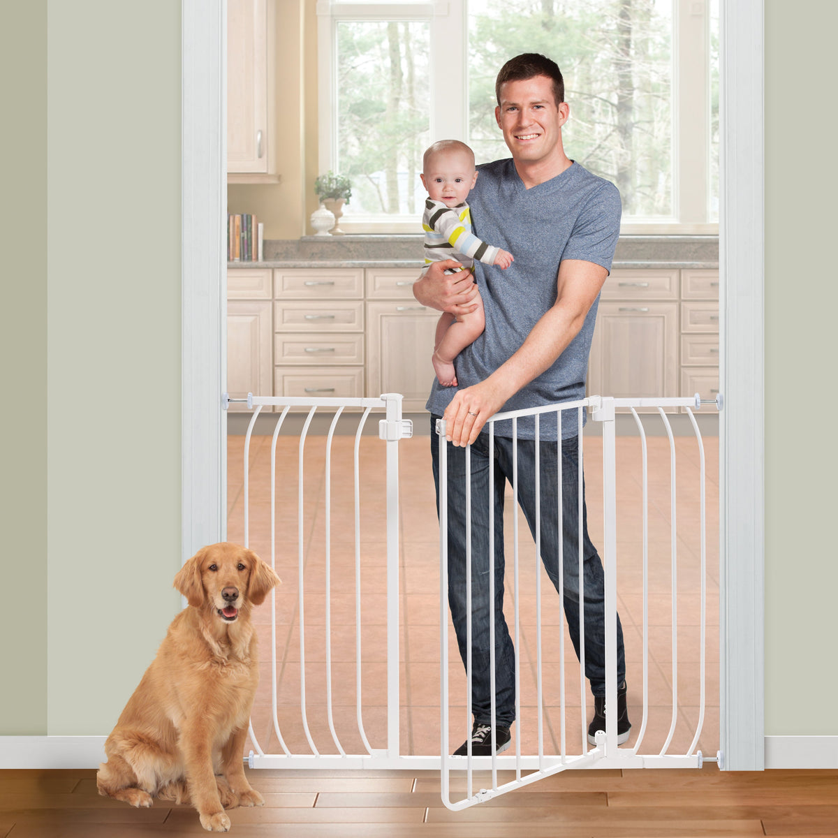 Multi-Use Extra Tall Walk-Thru Pet and Baby Gate, Openings 29-48 Wide, 36 Tall - White