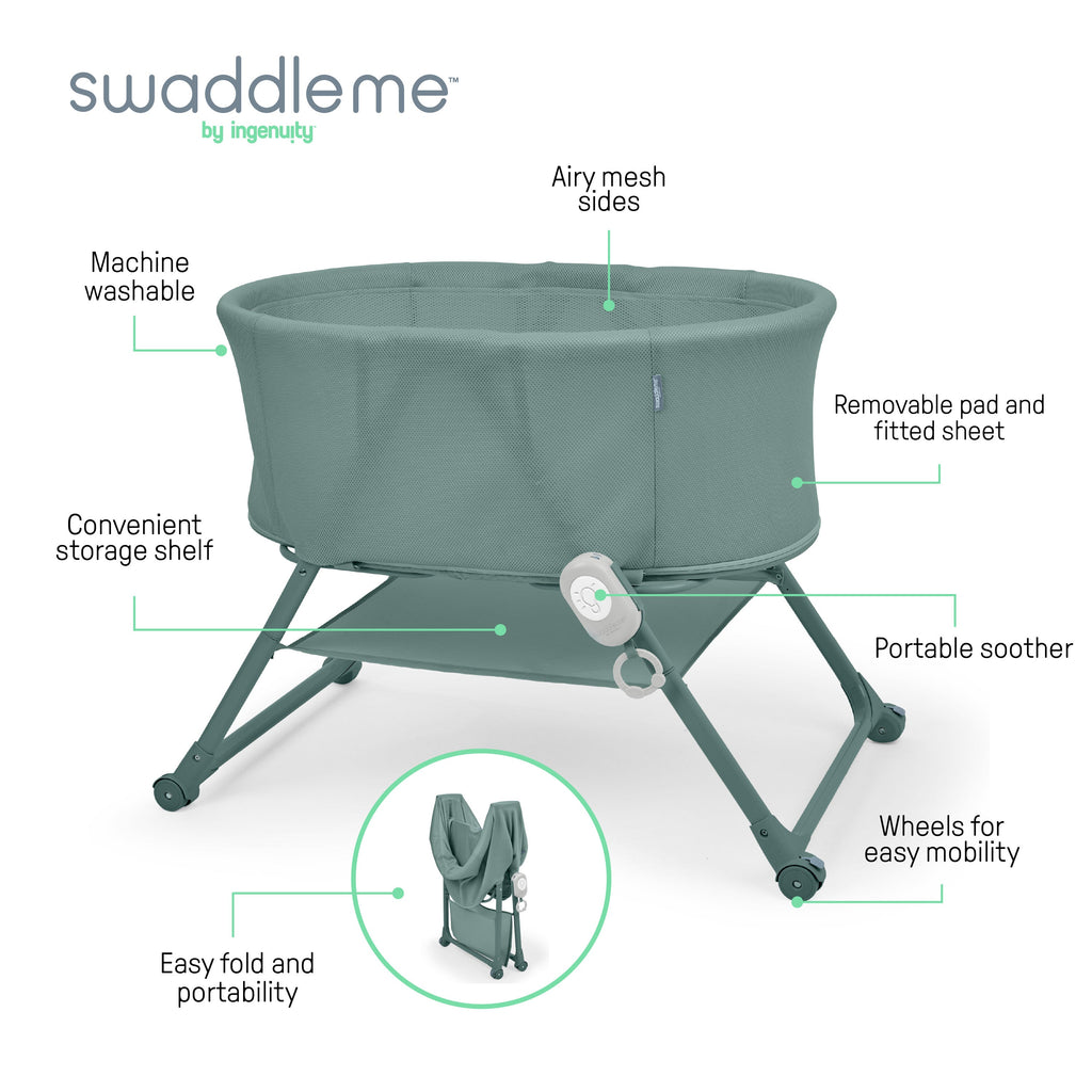 Ingenuity Snooze & Stow Easy-Folding Bassinet with Sound, Light & Vibration - Luxe Evergreen