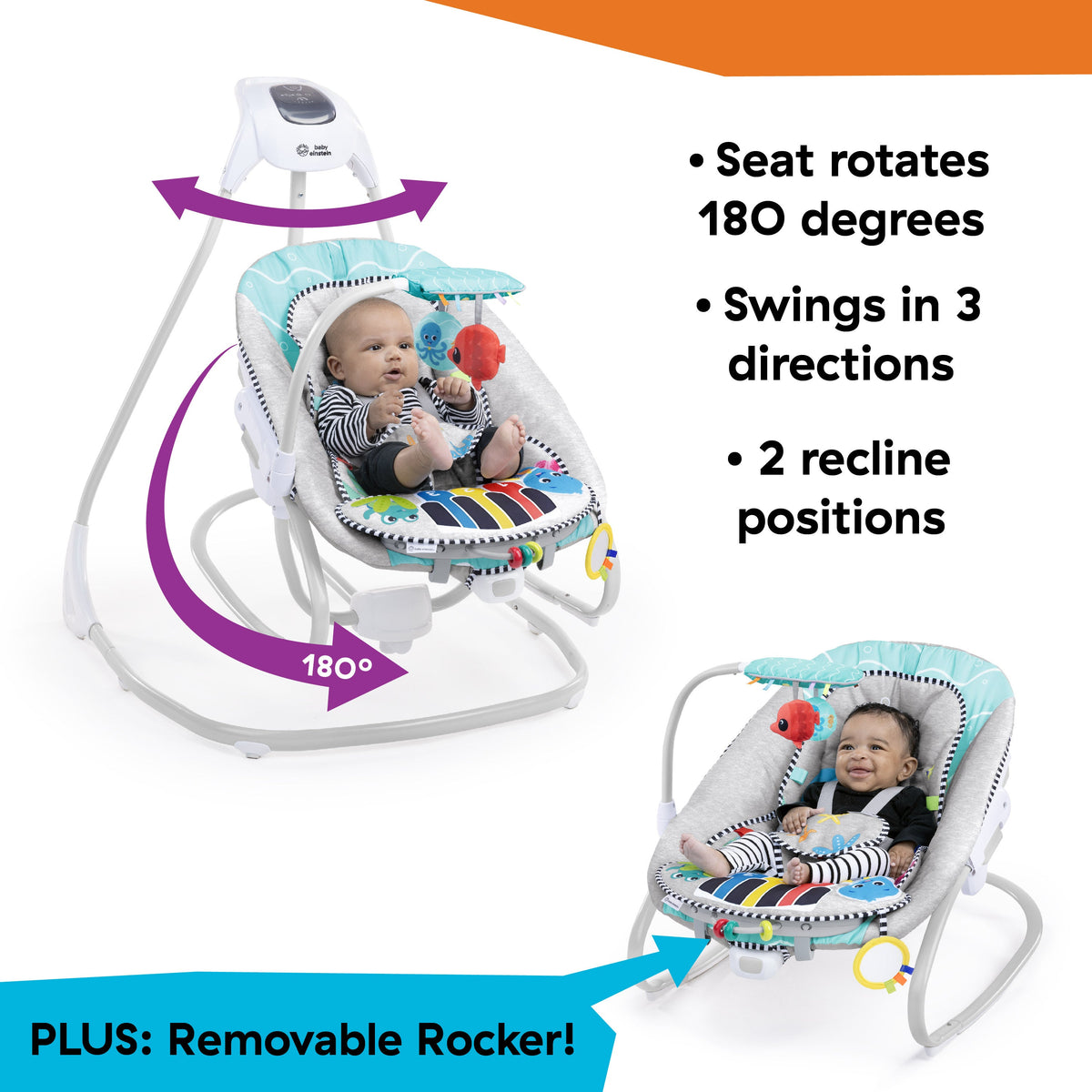 Baby Einstein Ocean Explorers Kick to It 4-in-1 Musical Swing & Rocker, with Piano Toy