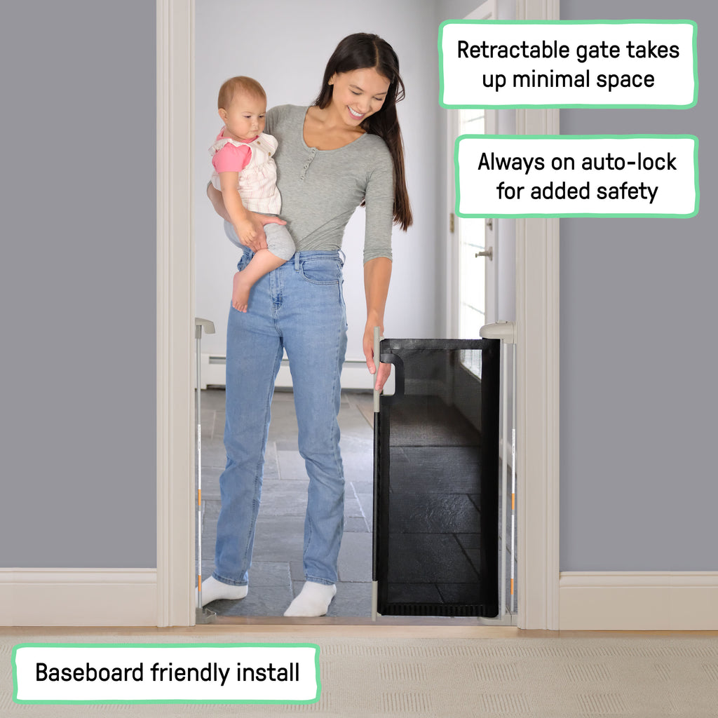 The Thruway 52W Series Pet and Baby Retractable Gate with Tuck Away Mesh, Openings up to 52 Wide - Black
