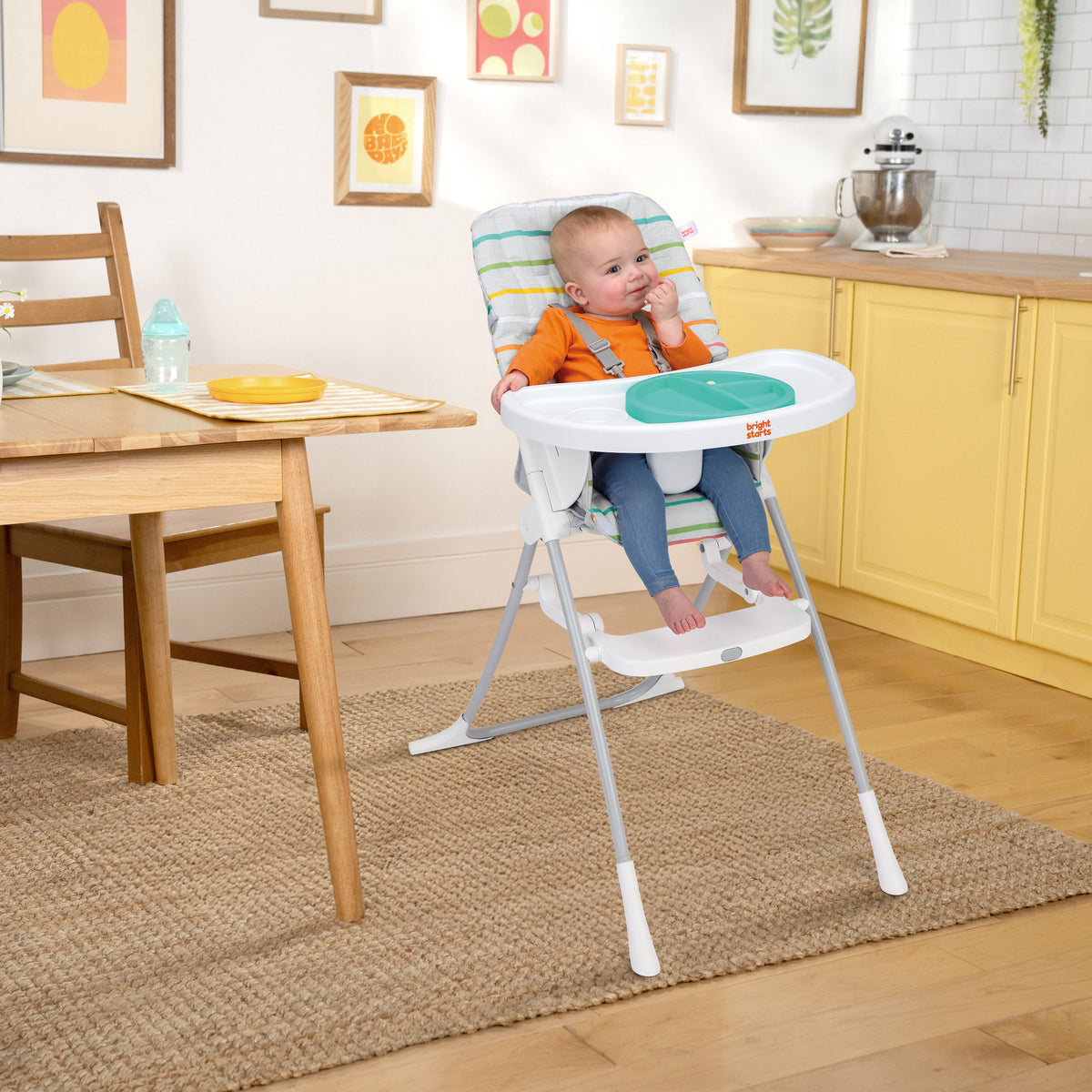 Bright Starts Dine Delight Compact Folding High Chair with 3-Section Plate, Unisex, Playful Paradise Pattern