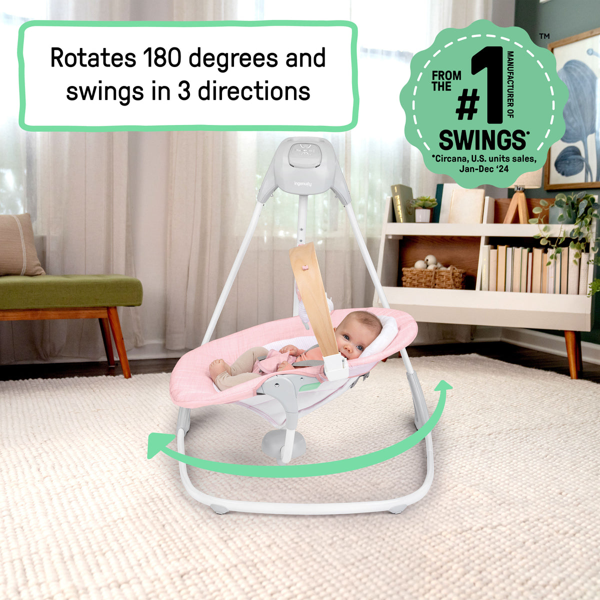 Ingenuity SimpleComfort Compact Soothing Swing, Rotating Toy Bar, Rotating Seat, 6 Speeds, For Ages 0-9 Months, Up to 20 Pounds - Chambray