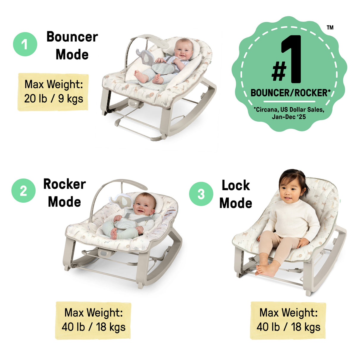 Ingenuity Keep Cozy 3-in-1 Vibrating Infant & Toddler Baby Bouncer and Rocker Chair, Green