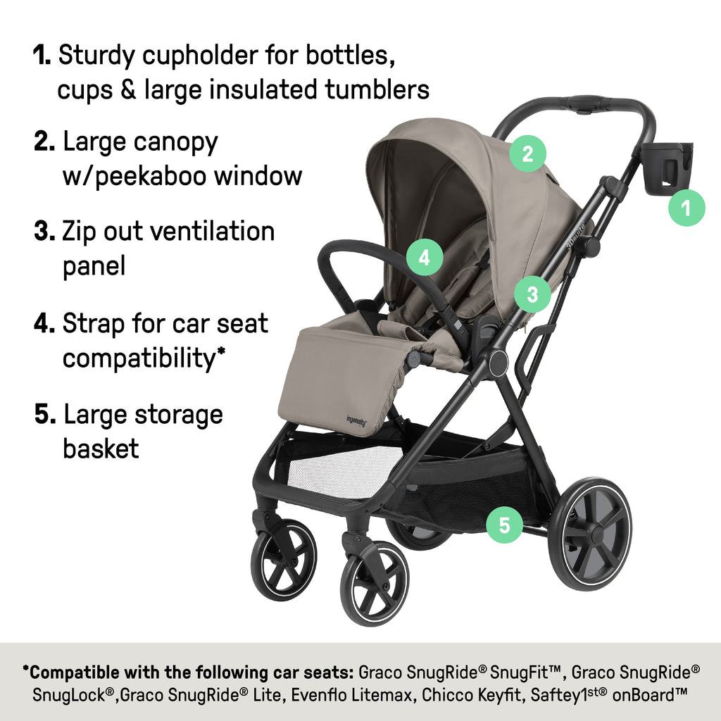 Ingenuity 3DSuite Modular Stroller with Reversible Seat, One-Hand Fold, Car Seat Compatible & Extra-Large Storage - Cashew