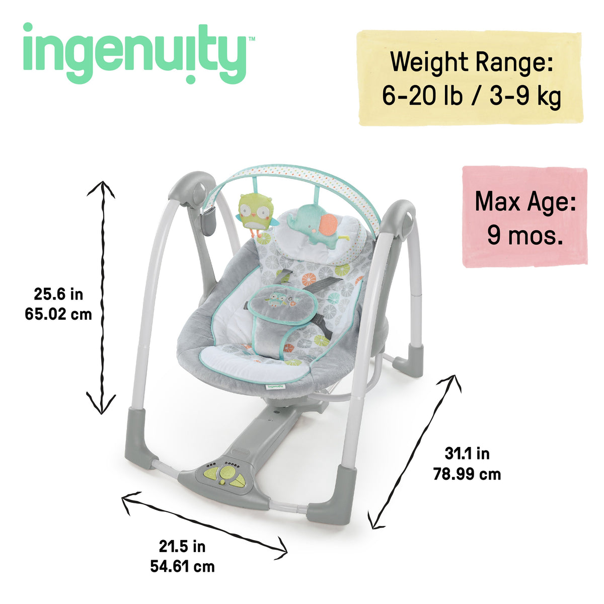 Ingenuity Swing 'n Go Portable 5-Speed Baby Swing with Nature Sounds - Hugs & Hoots