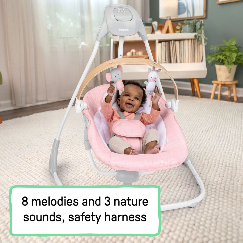 Ingenuity SimpleComfort Compact Soothing Swing, Rotating Toy Bar, Rotating Seat, 6 Speeds, For Ages 0-9 Months, Up to 20 Pounds - Chambray