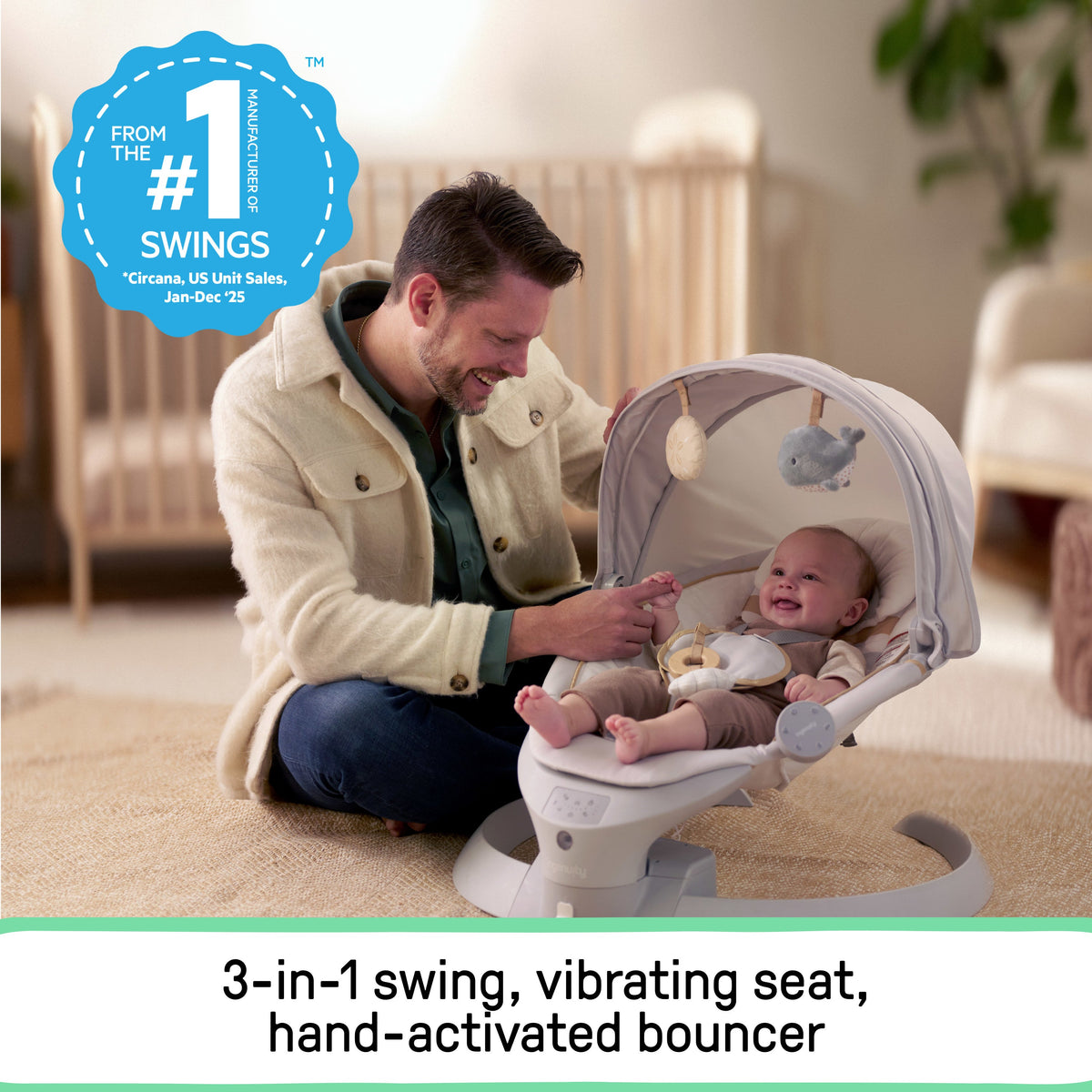 Ingenuity Inlighten Bounce & Sway Swing with Bluetooth & Canopy, 3-in-1 Seat, Ages 0+  Pebble Shore