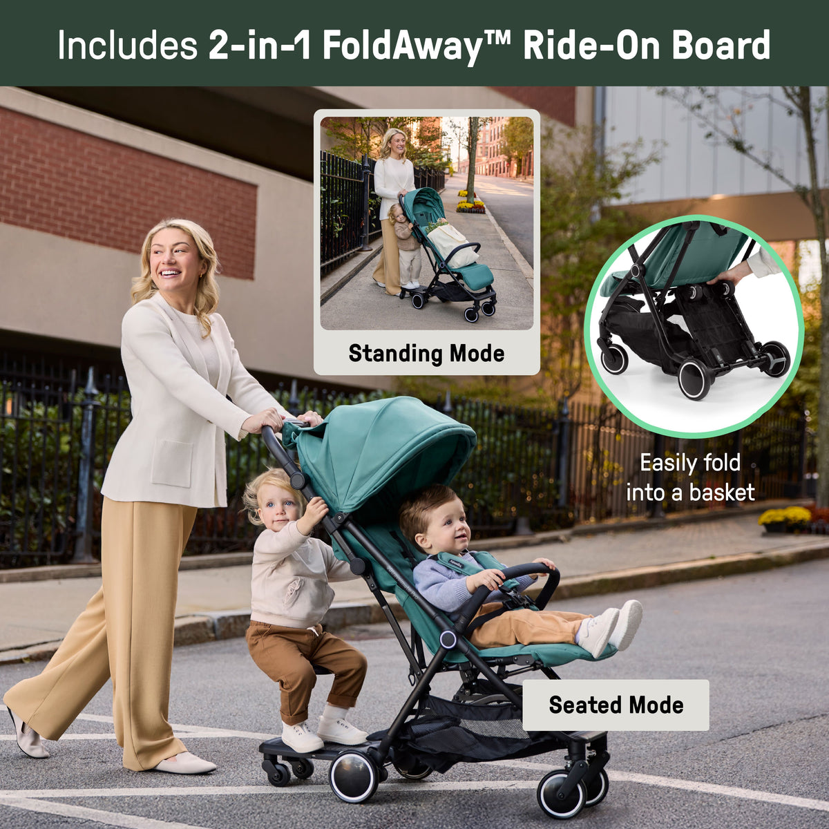 Ingenuity 3D Travelmate Pro Compact Travel Stroller with Ride-On Board, One-Hand Fold, Car Seat Compatible, Protective Canopy