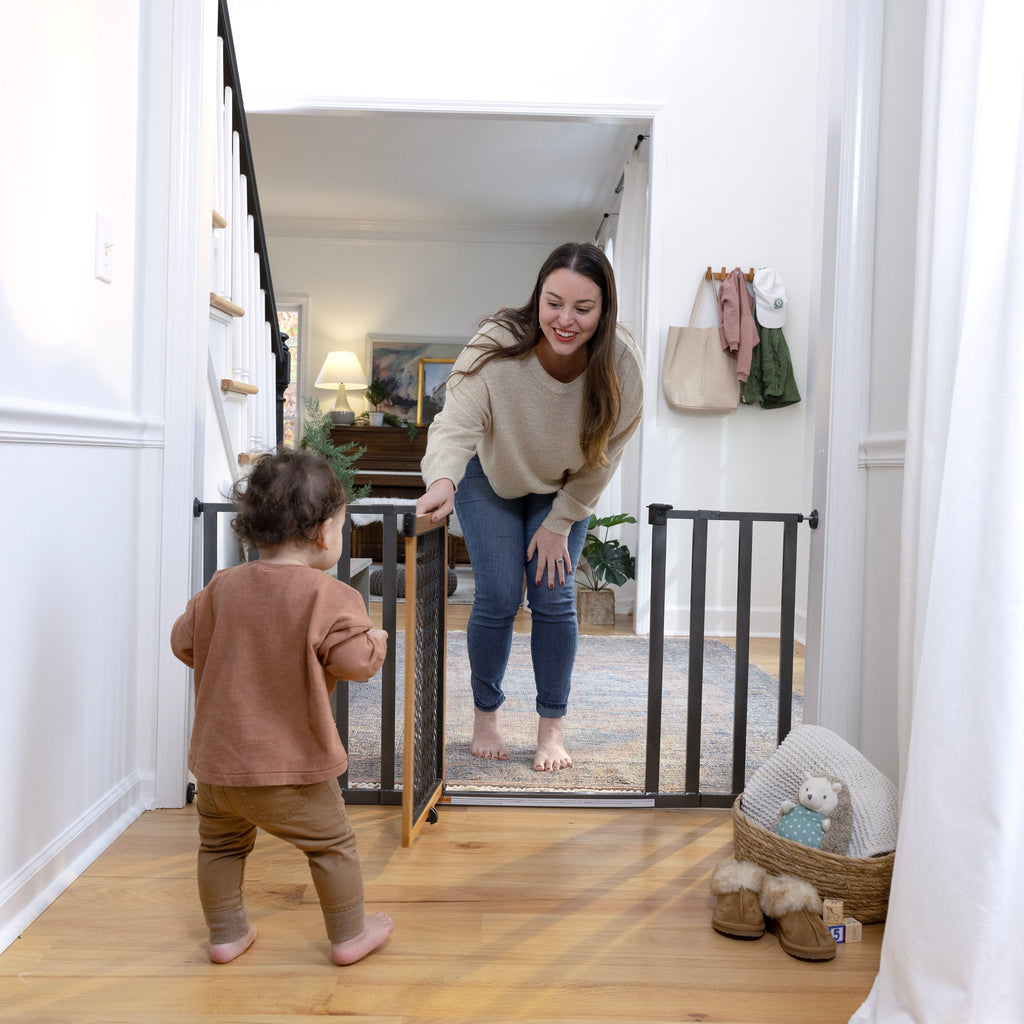 The Thruway 60XW Series Extra Wide Safety Pet and Baby Gate, 30-60 Wide, 26 Tall  Honey Oak