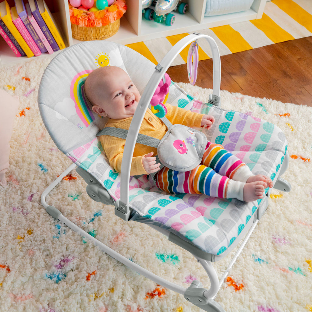 Bright Starts Rosy Rainbow Infant to Toddler Rocker with Vibrations, Baby Seat for Girl or Boy, Newborn +