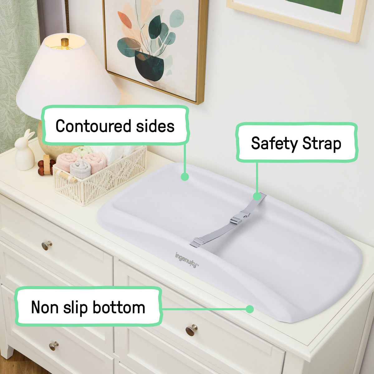 Ingenuity Comfy Clean Changing Pad with Safety Strap and Quick-Release Buckle - Grey