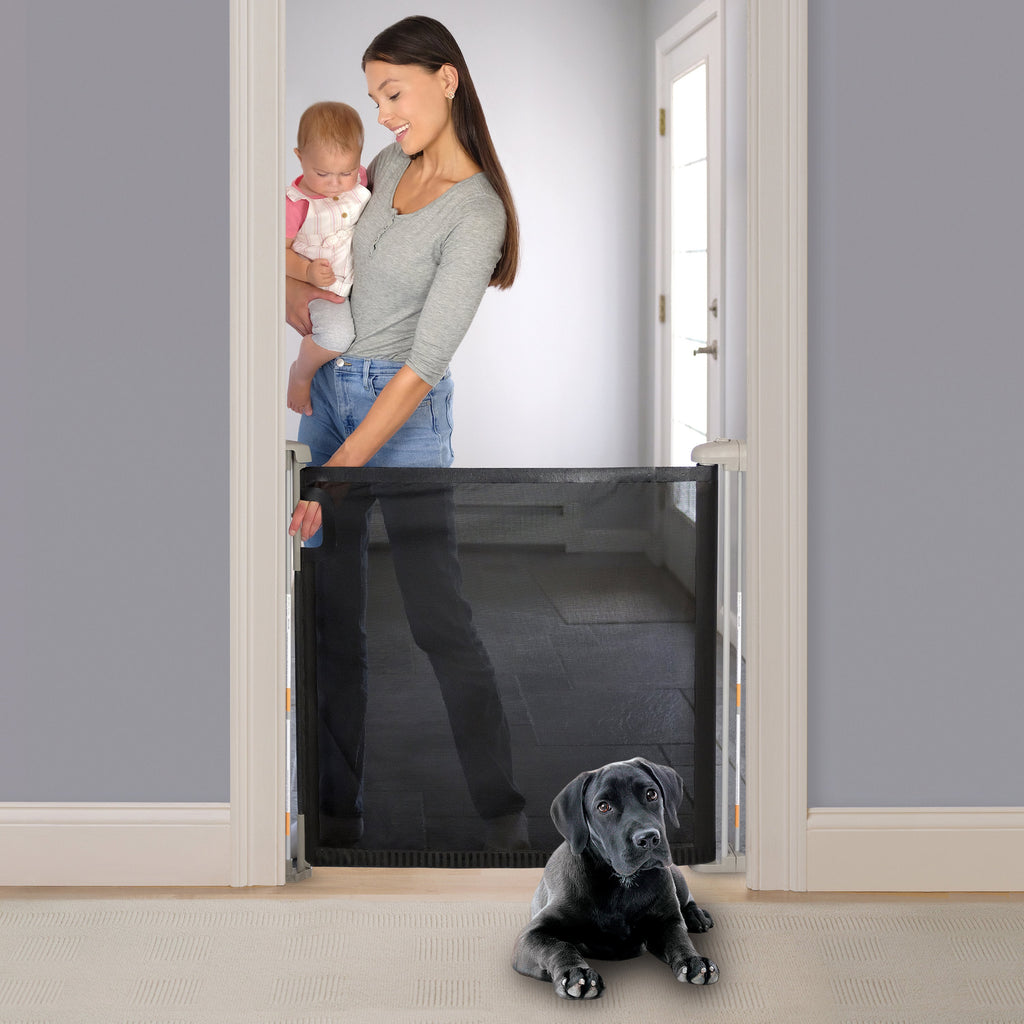 The Thruway 52W Series Pet and Baby Retractable Gate with Tuck Away Mesh, Openings up to 52 Wide - Black