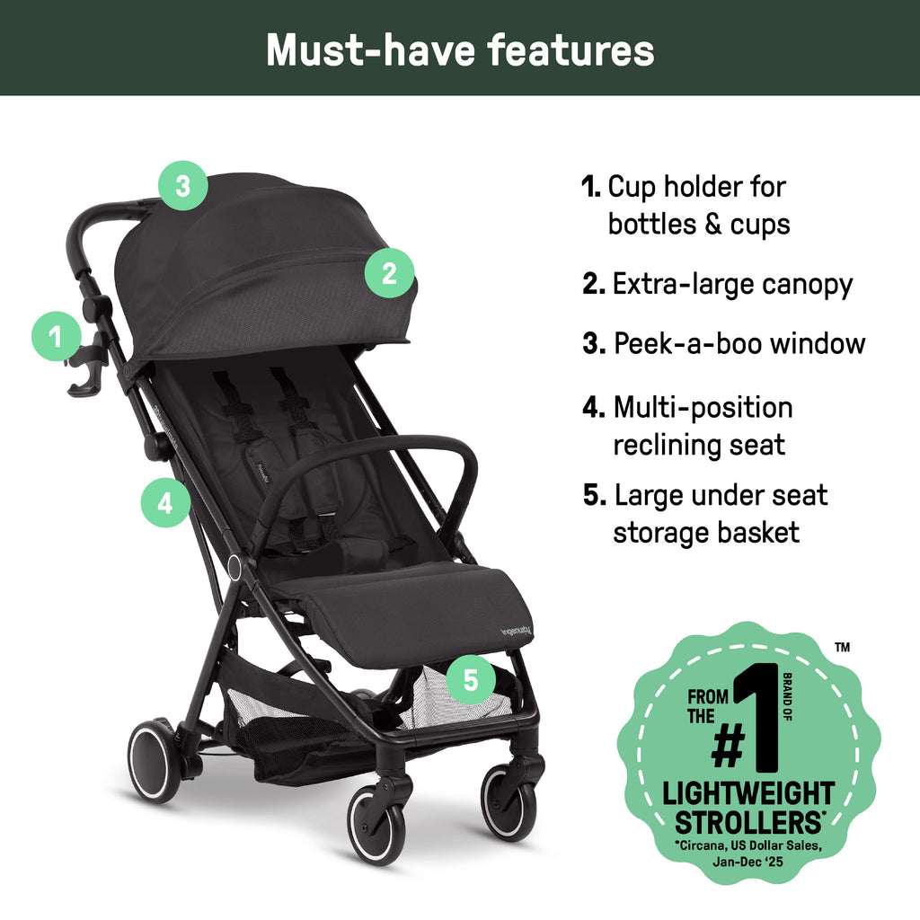Ingenuity 3D Travelmate Pro Travel Stroller with Fold-Away Ride-On Board, Car Seat Compatible - Black