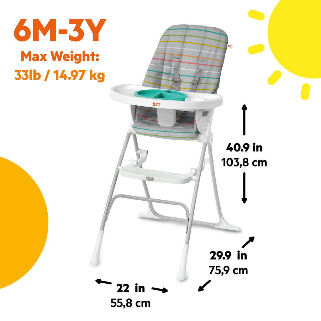 Bright Starts Dine Delight Compact Folding High Chair with 3-Section Plate, Unisex, Playful Paradise Pattern