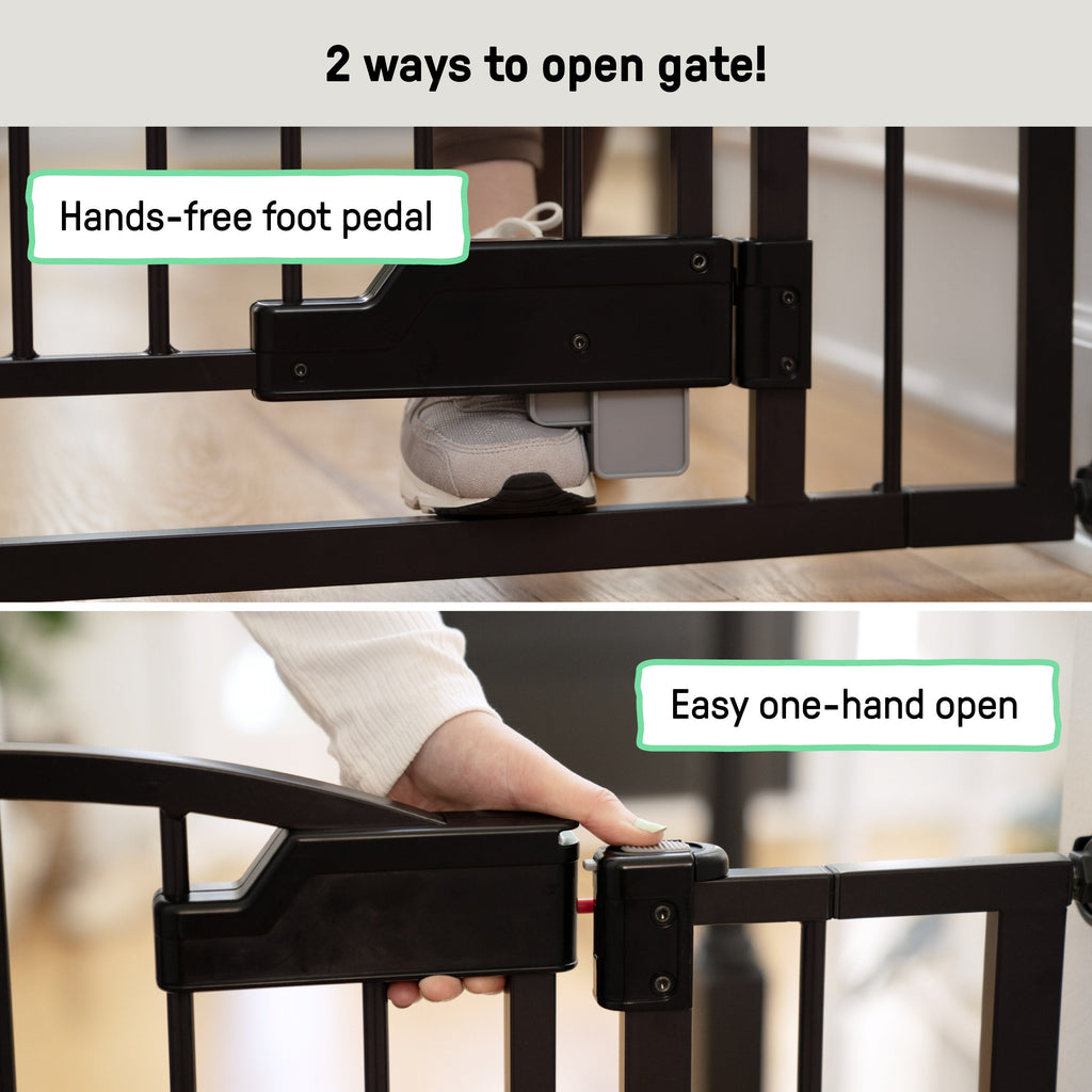 The Thruway 52W Series - Hands Free Open Pet and Baby Gate, Openings from 27.5 - 52 Wide  Espresso Metal