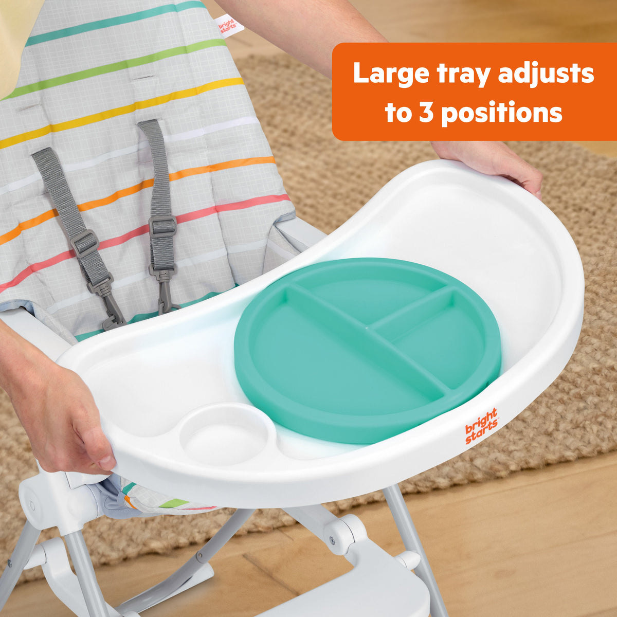 Bright Starts Dine Delight Compact Folding High Chair with 3-Section Plate, Unisex, Playful Paradise Pattern