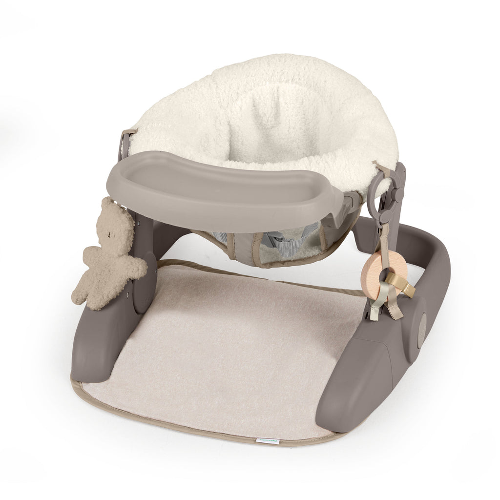 Ingenuity Prop Spot Learn-to-Sit Floor Seat with Tray, Adjustable Baby Support Seat, Soft Boucl Cushion, Foldable - Tan