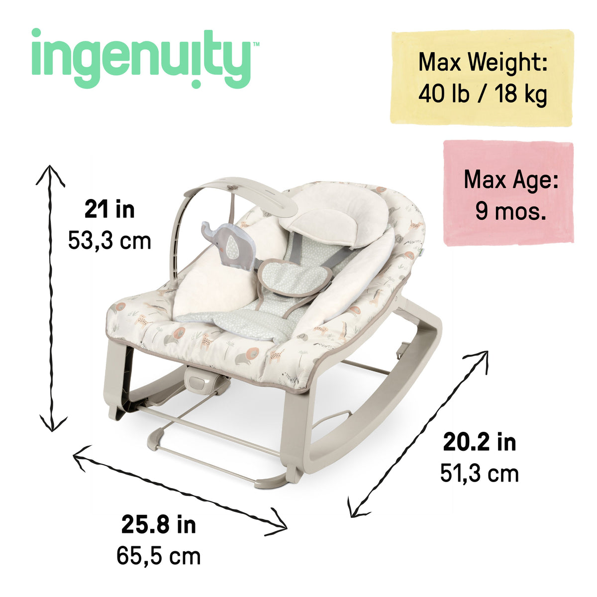 Ingenuity Keep Cozy 3-in-1 Vibrating Infant & Toddler Baby Bouncer and Rocker Chair, Green