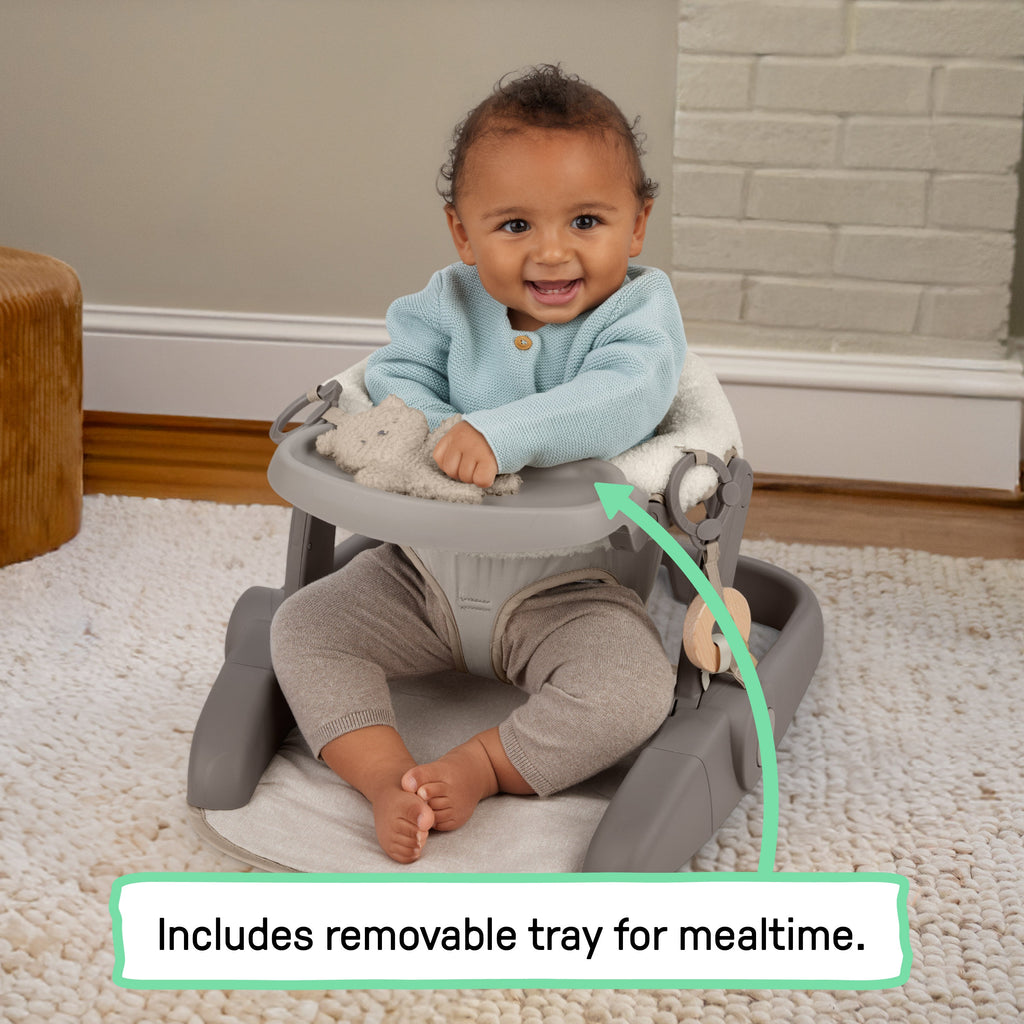 Ingenuity Prop Spot Learn-to-Sit Floor Seat with Tray, Adjustable Baby Support Seat, Soft Boucl Cushion, Foldable - Tan