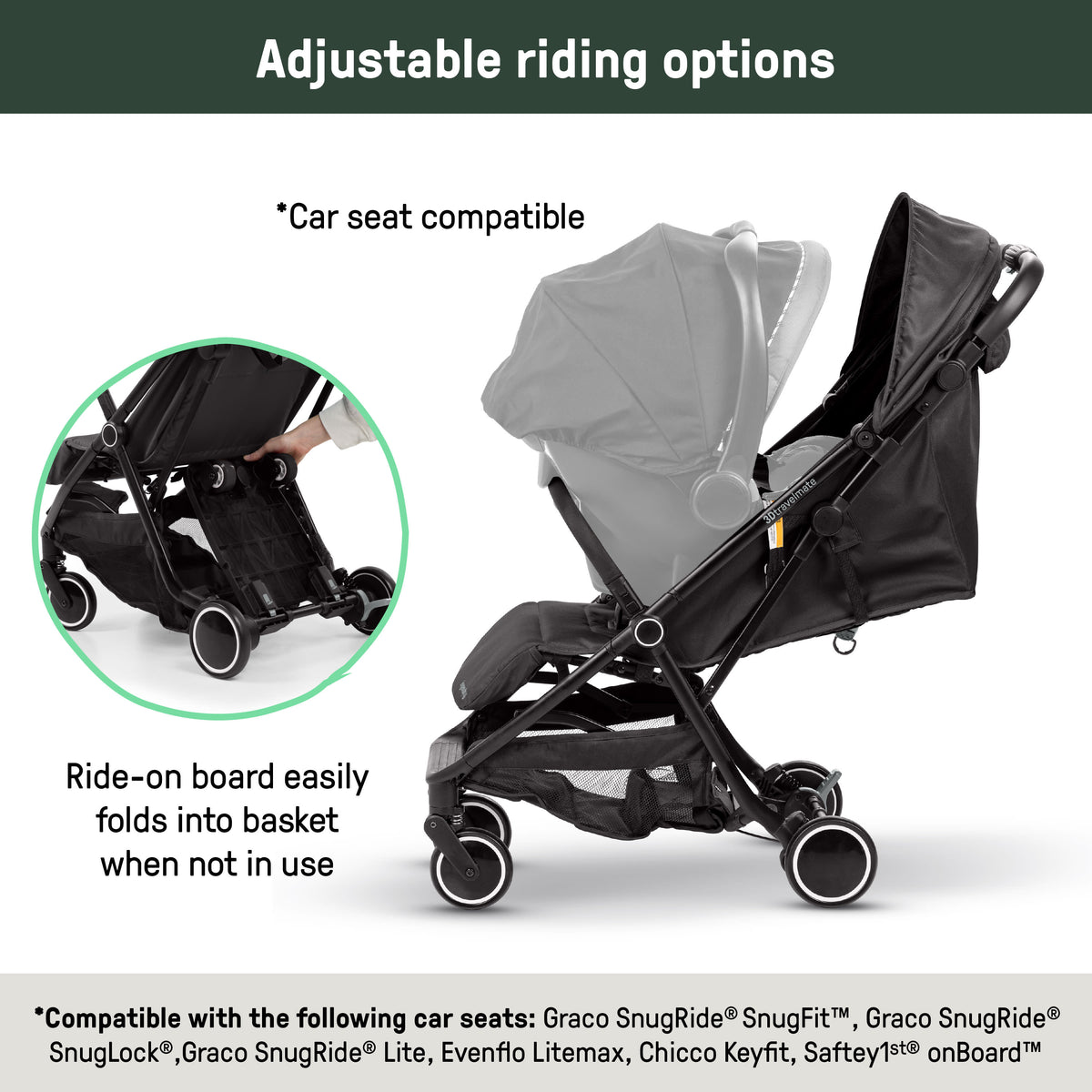 Ingenuity 3D Travelmate Pro Travel Stroller with Fold-Away Ride-On Board, Car Seat Compatible - Black