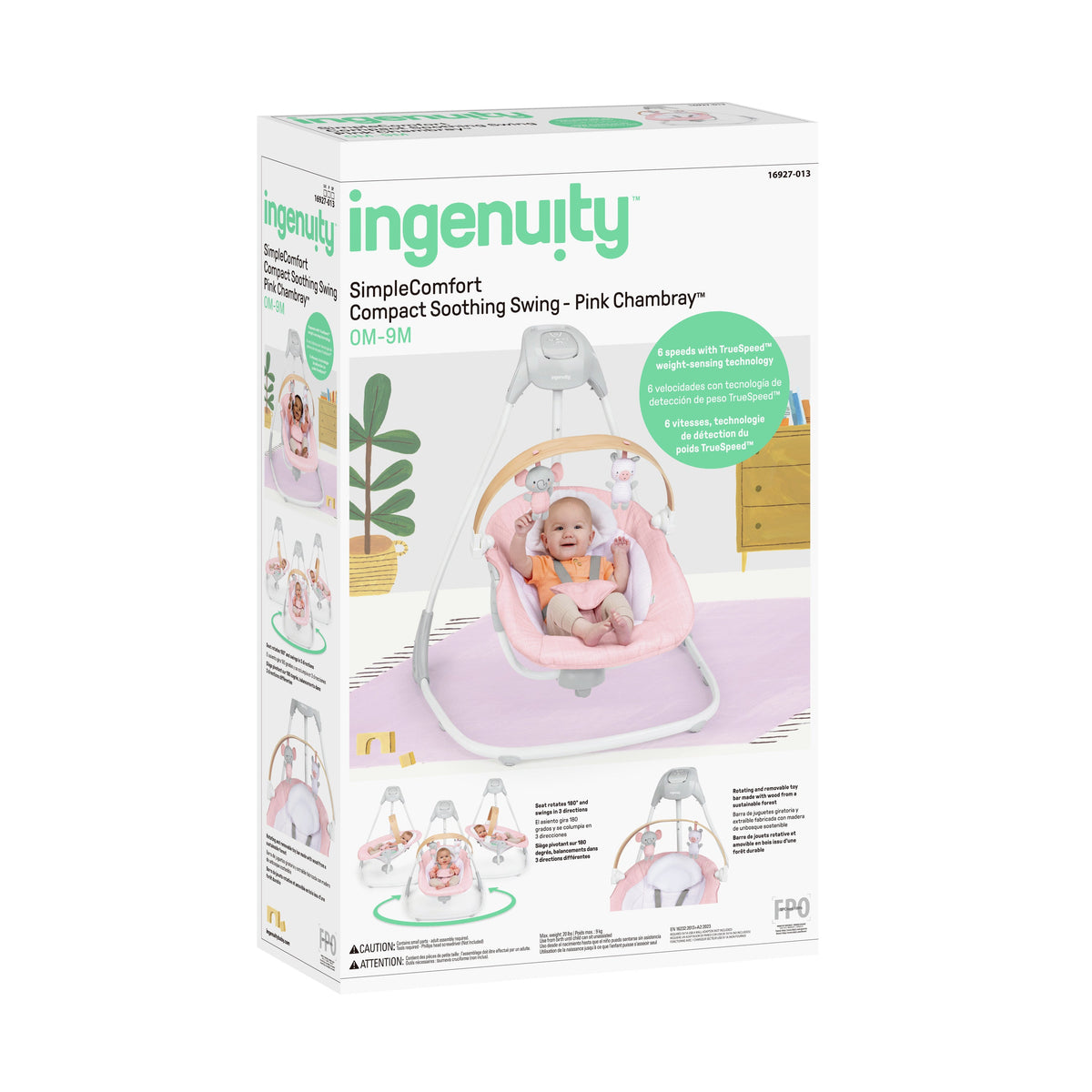 Ingenuity SimpleComfort Compact Soothing Swing, Rotating Toy Bar, Rotating Seat, 6 Speeds, For Ages 0-9 Months, Up to 20 Pounds - Chambray