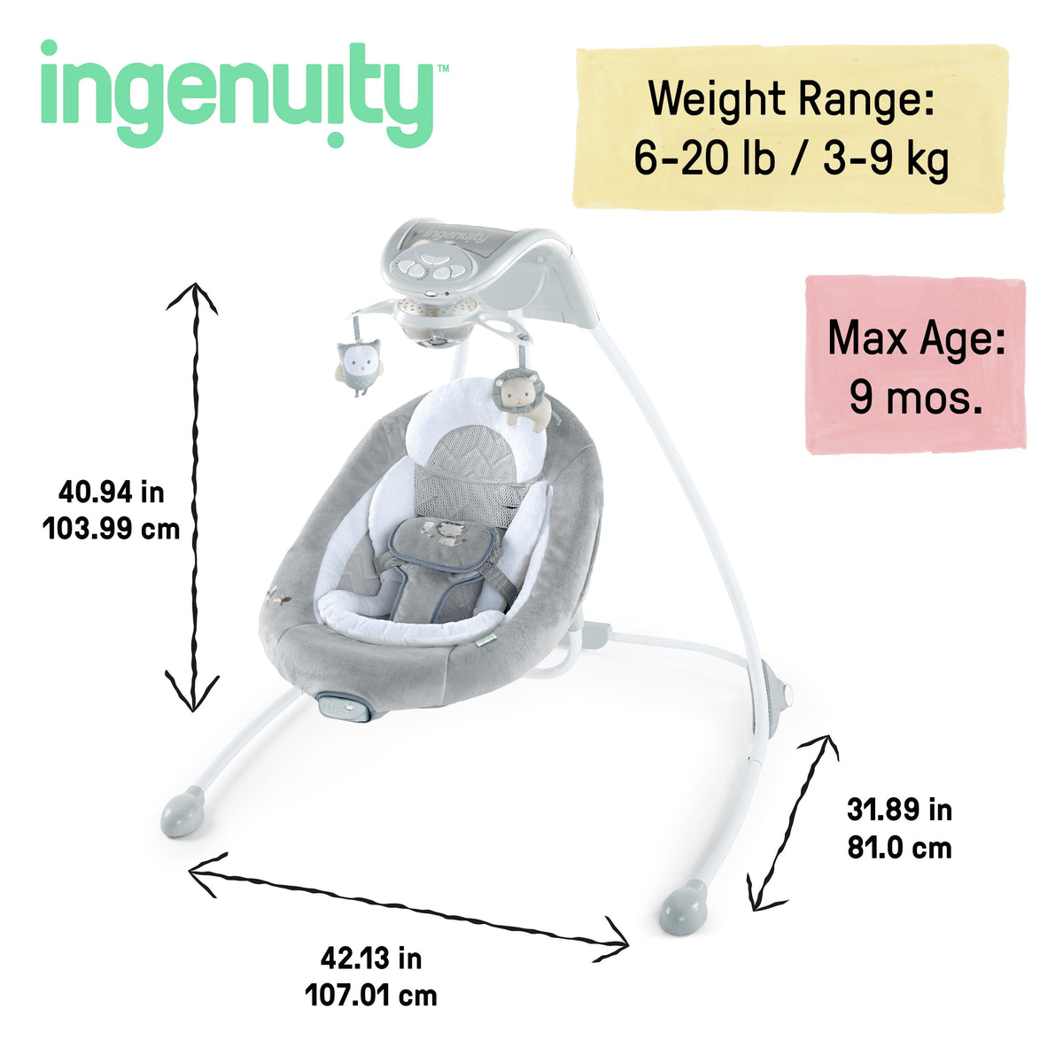 Ingenuity InLighten Baby Swing with Cool Mesh Fabric, Vibrations & Lights, Braden