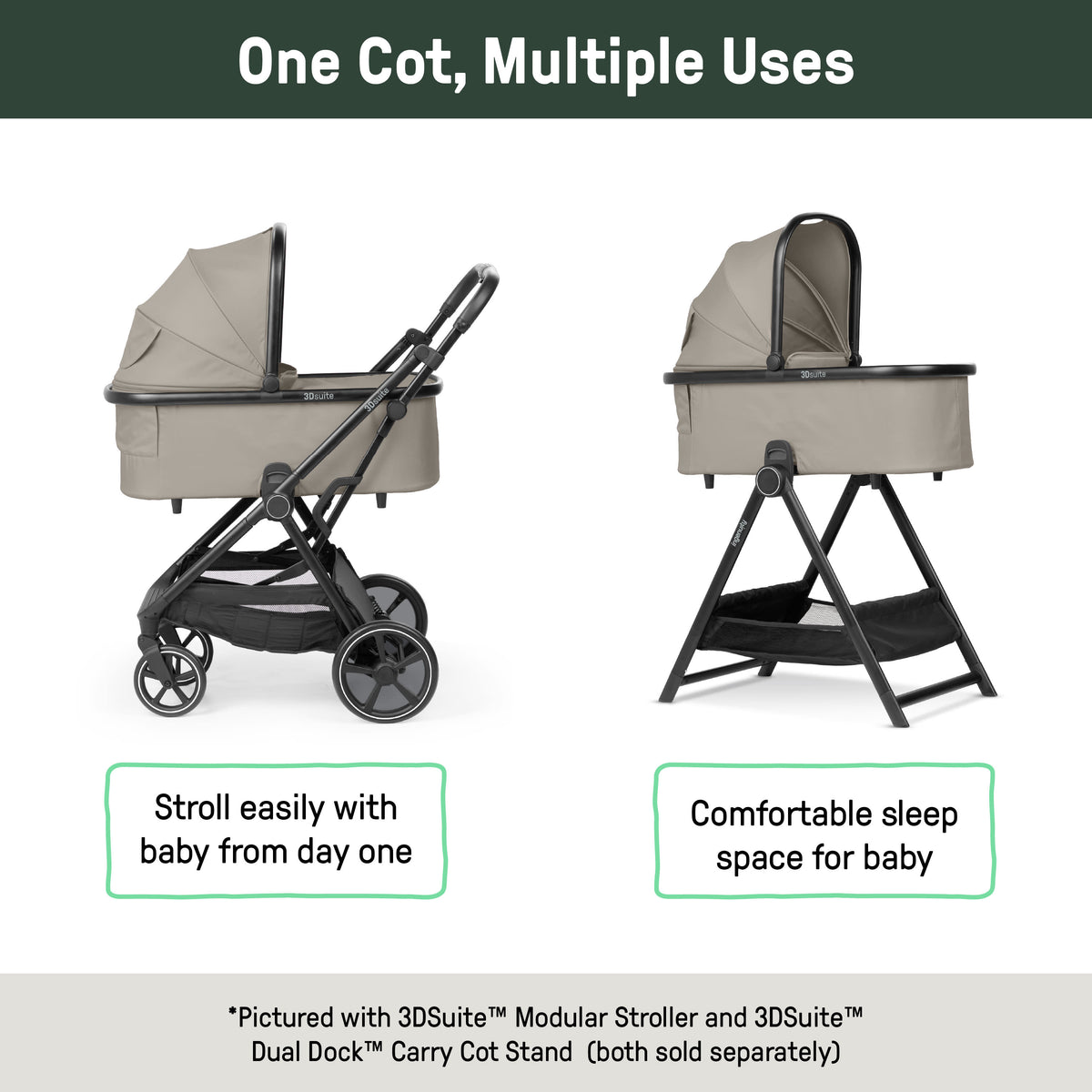 Ingenuity 3DSuite DualDock Carry Cot  Portable Baby Bassinet for Overnight Sleep (with Stand Only) & Stroller Carry Cot - Cashew