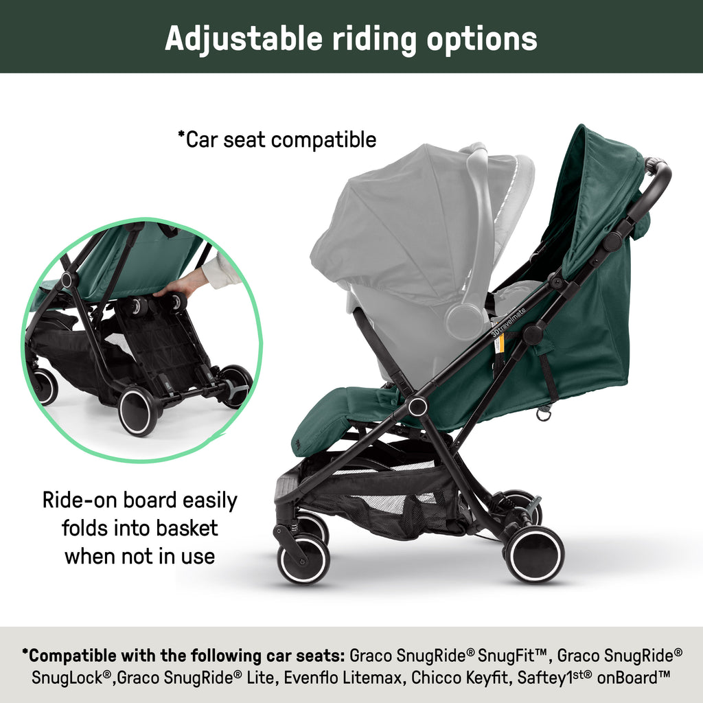 Ingenuity 3D Travelmate Pro Compact Travel Stroller with Ride-On Board, One-Hand Fold, Car Seat Compatible, Protective Canopy