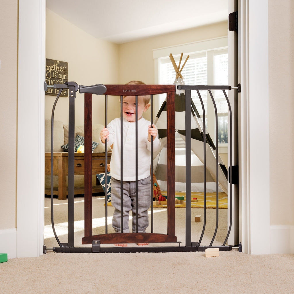Anywhere Decorative Walk-Thru Pet and Baby Gate, Openings 28  42.5- Walnut/Charcoal