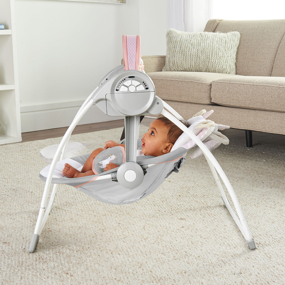 Ingenuity Comfort 2 Go Compact Portable Baby Swing, Flora the Unicorn