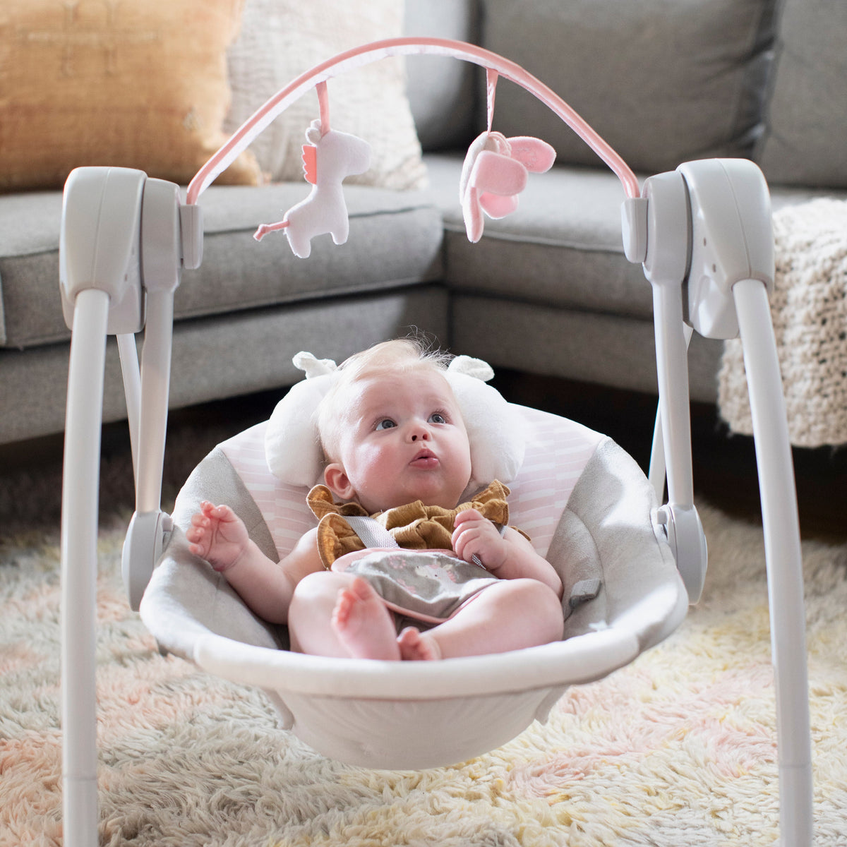 Ingenuity Comfort 2 Go Compact Portable Baby Swing, Flora the Unicorn