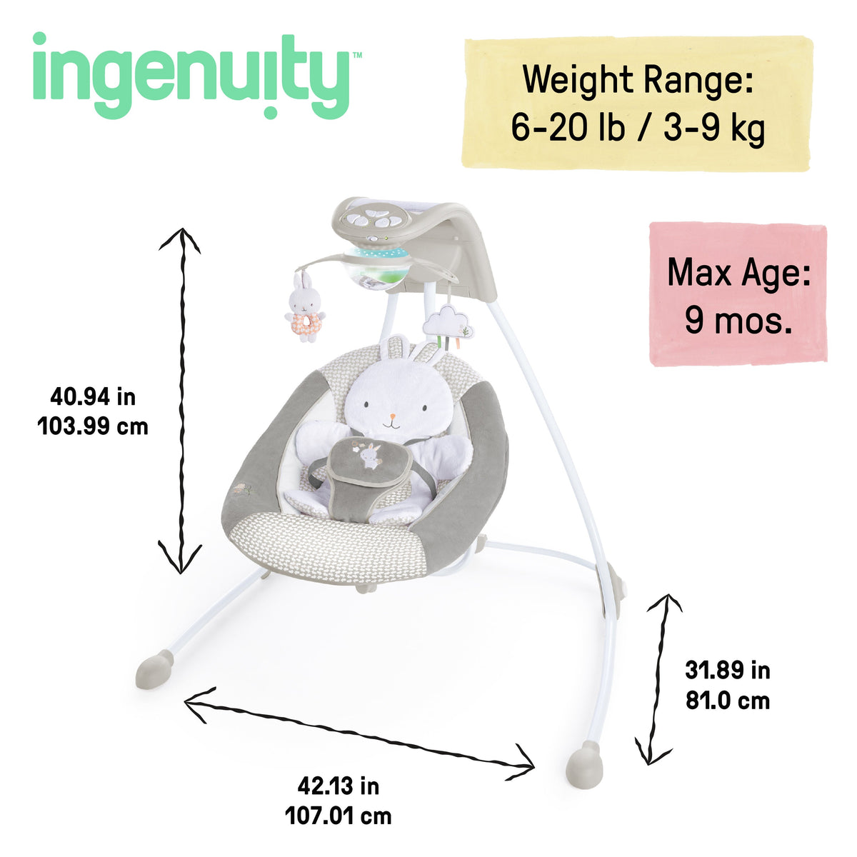 Ingenuity InLighten Baby Swing, Easy-Fold Frame & Light Up Mobile, Twinkle Tails