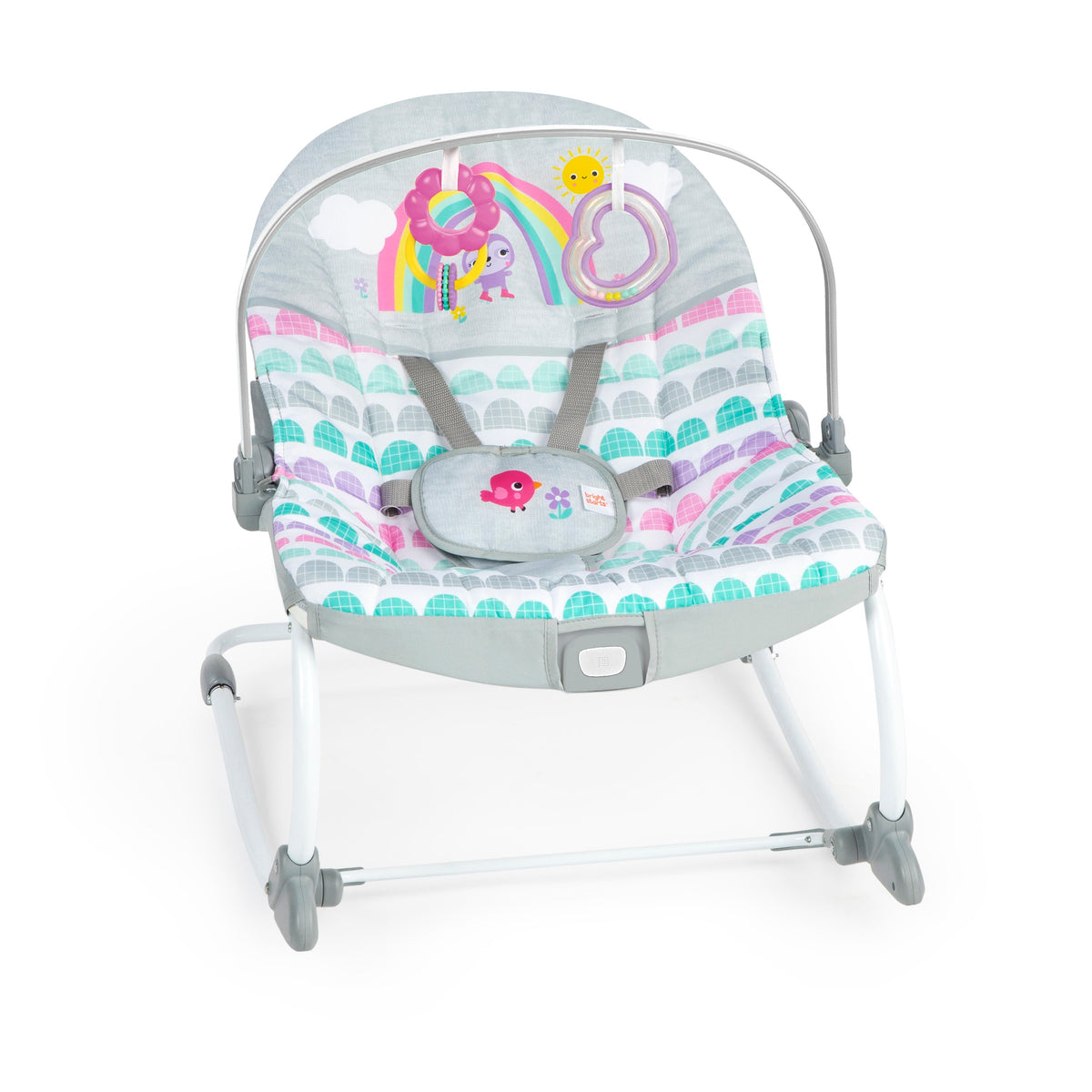 Bright Starts Rosy Rainbow Infant to Toddler Rocker with Vibrations, Baby Seat for Girl or Boy, Newborn +