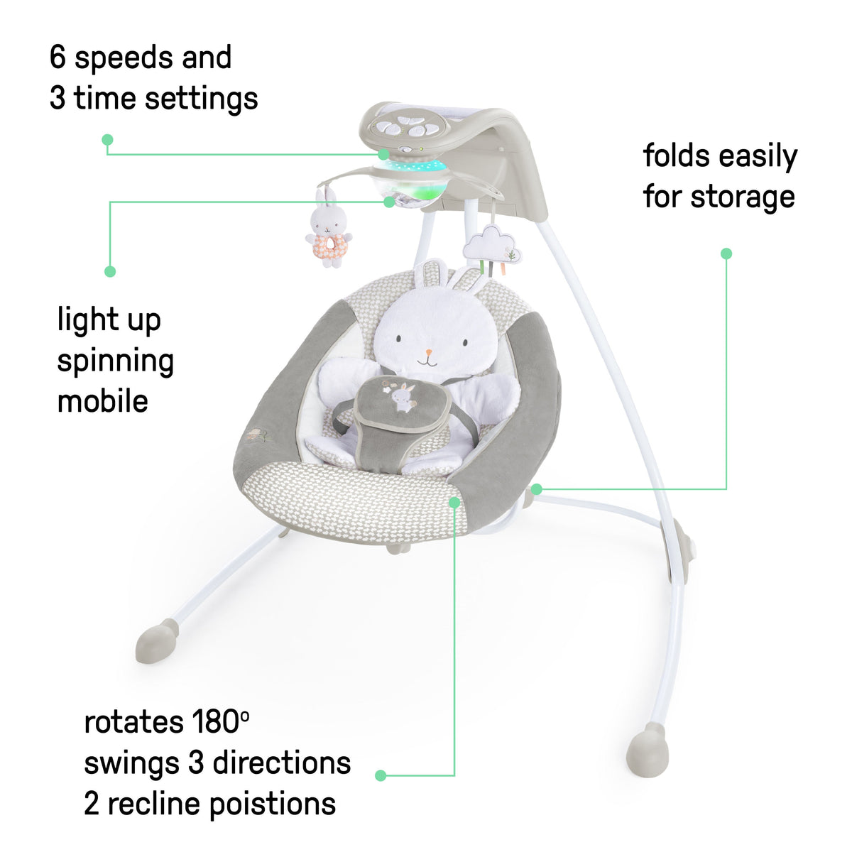 Ingenuity InLighten Baby Swing, Easy-Fold Frame & Light Up Mobile, Twinkle Tails